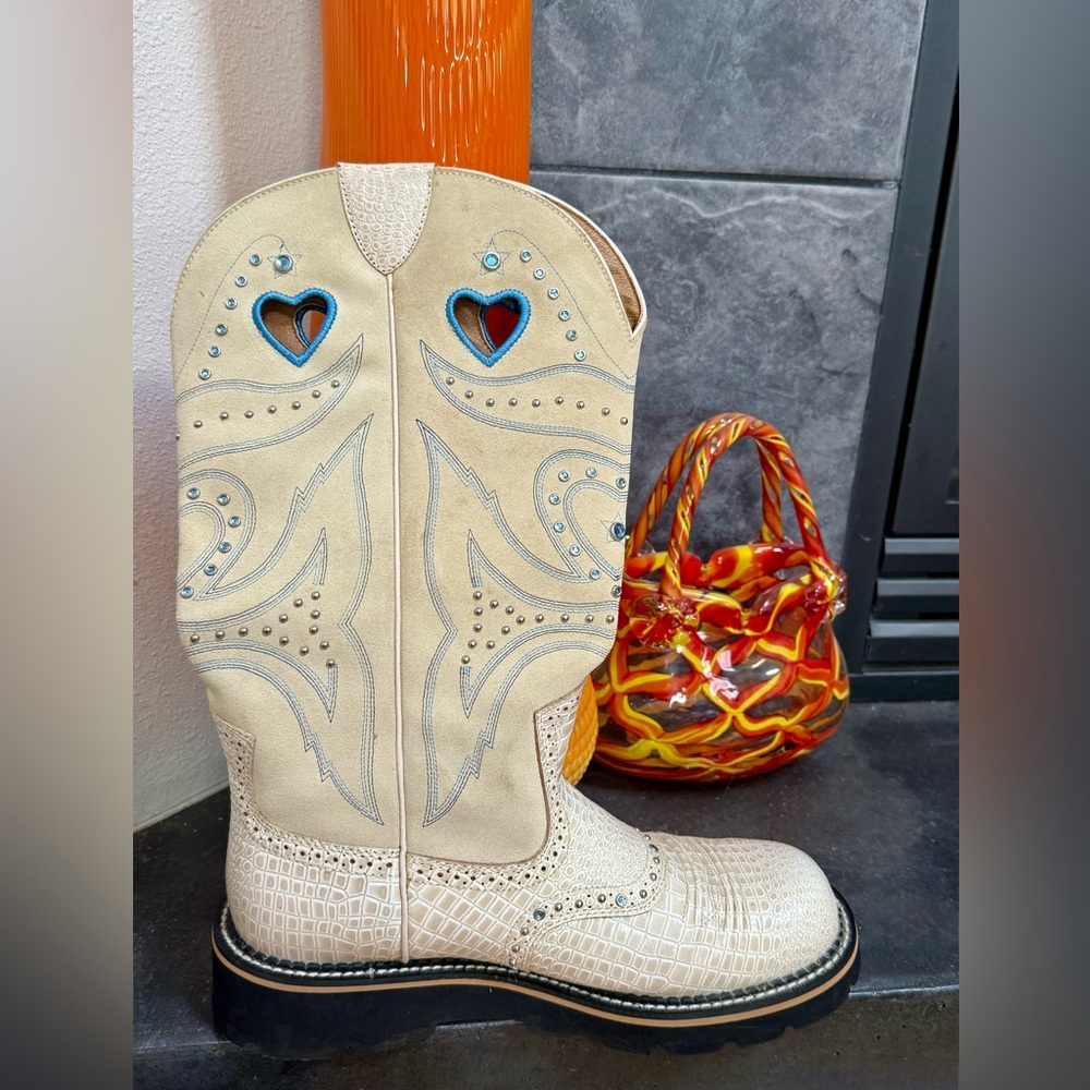 ARIAT Hearts Cowboy Cowgirl Boots FATBOY BABY BUCK Cream Bone Gator Leather - Picture 14 of 17